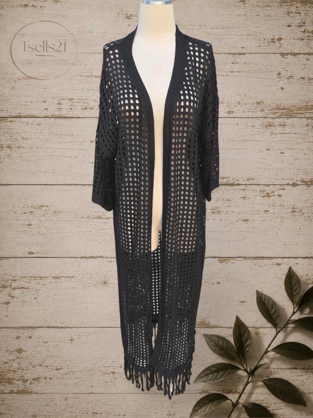 Black Crochet Knit Maxi Duster Cardigan with Fringe - Size 2XL